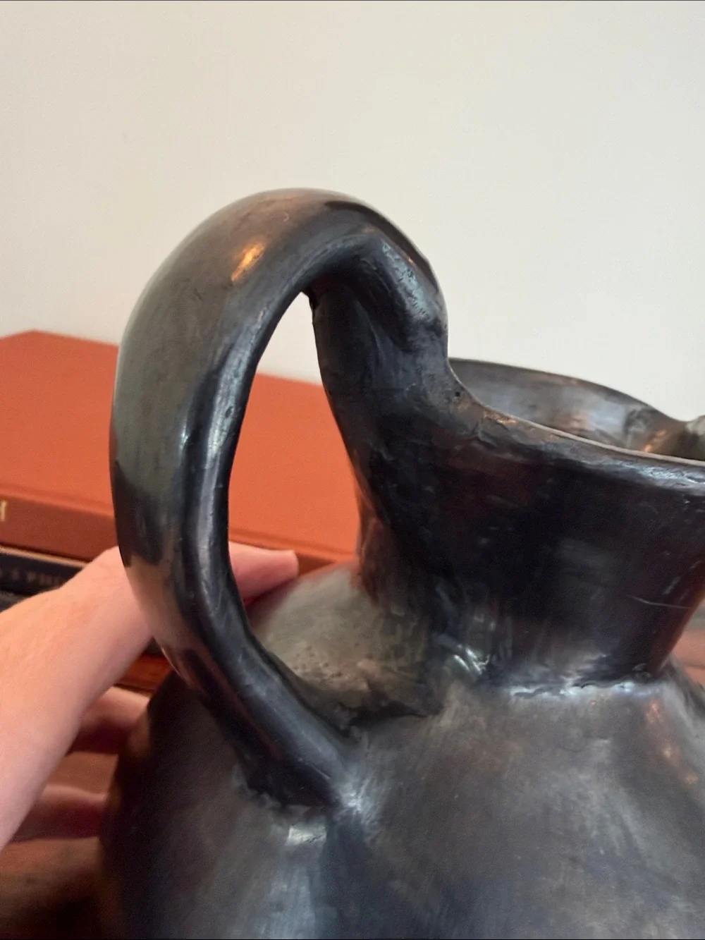 Vintage Dona Rosa Mexico Blackware Pitcher With Raised Florals Signed.